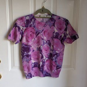 Neiman Marcus 100% Cashmere Purple Floral Short Sleeve Sweater - SIZE M